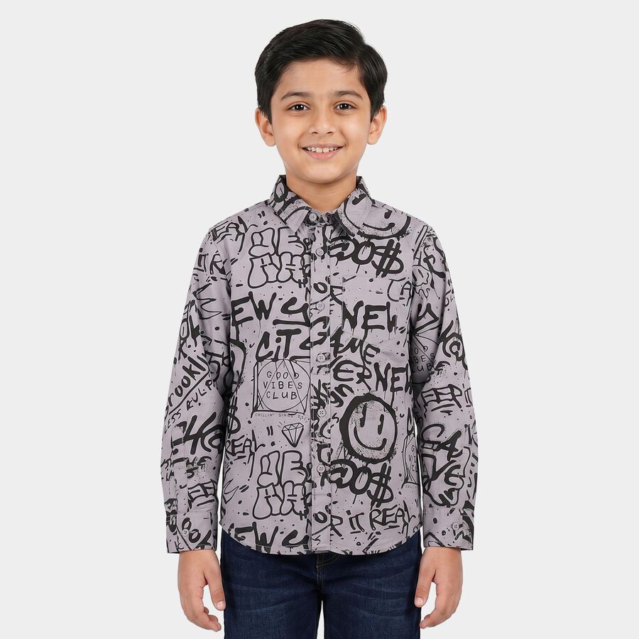 Boys Grey Cotton Long Sleeve Collar Regular Fit Shirt, हल्का ग्रे, large