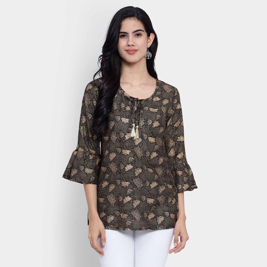 All Over Print 3/4th Sleeves Straight Kurti, Black, large image number null
