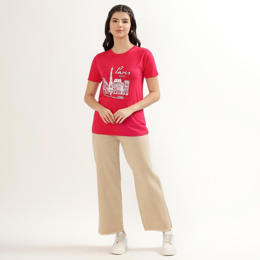 Women's Vibrant Red Round Neck Printed T-Shirt, रानी (फ्यूशिया), large image number null