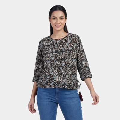 Women's Brown Round Neck Floral Printed Kurti