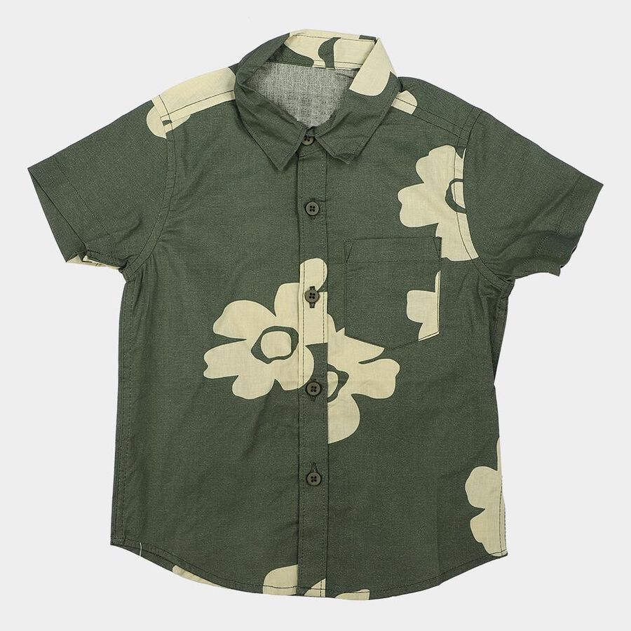 Boys Olive Green Cotton Floral Regular Fit Casual Shirt, Olive, large
