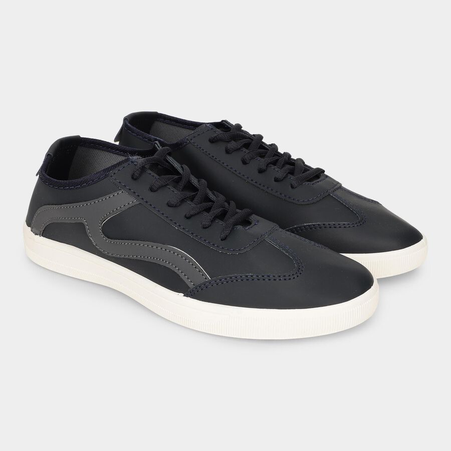 Men's Dark Navy Blue Lace-Up Casual Sneakers, Blue, large