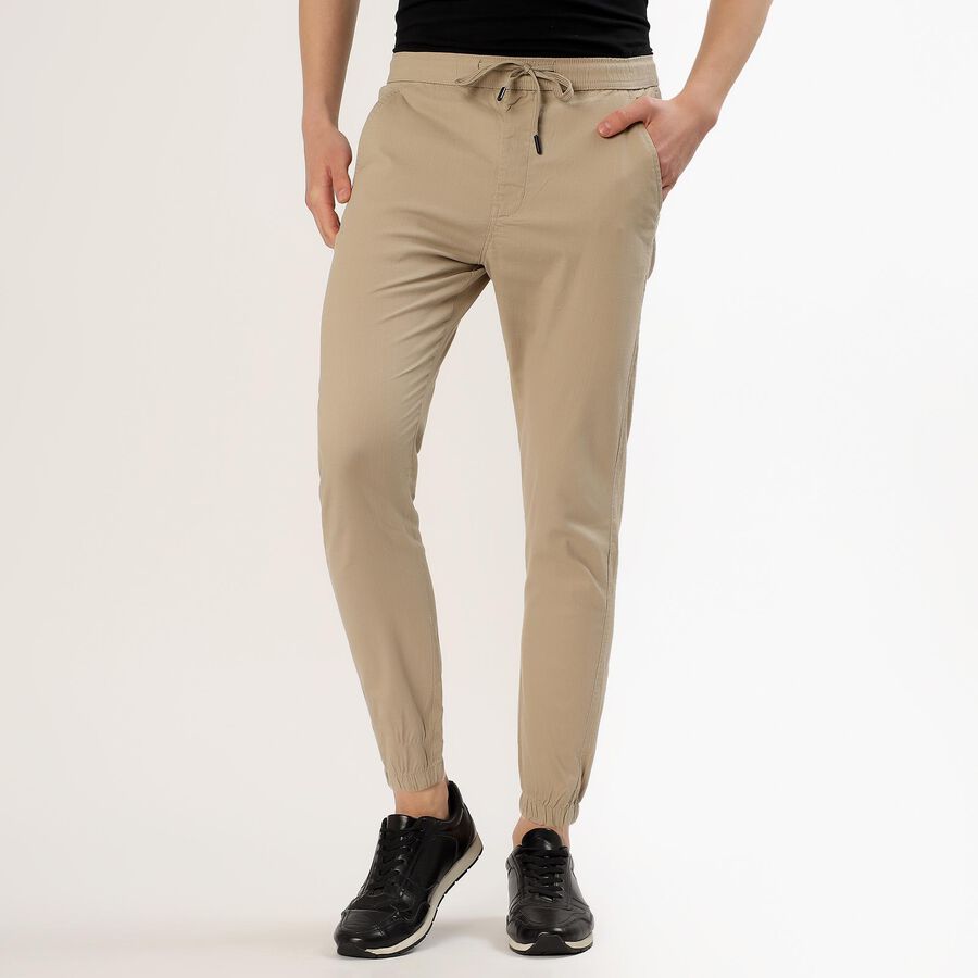 Men's Beige Slim Fit Elasticated Jogger Trousers, गहरा पीला, large