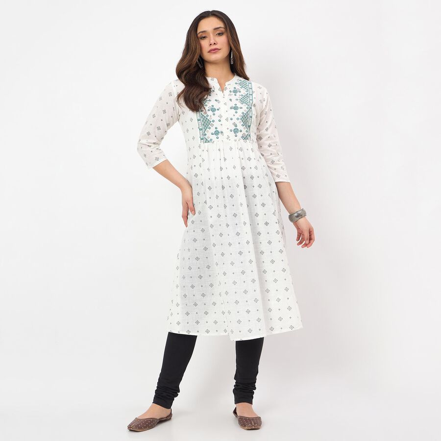 Women's White 100% Cotton Notch Neck Floral Printed Kurta, ऑफ व्हाइट, large