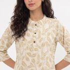Women's Beige Cotton Mandarin Collar Printed Kurti, Beige, small
