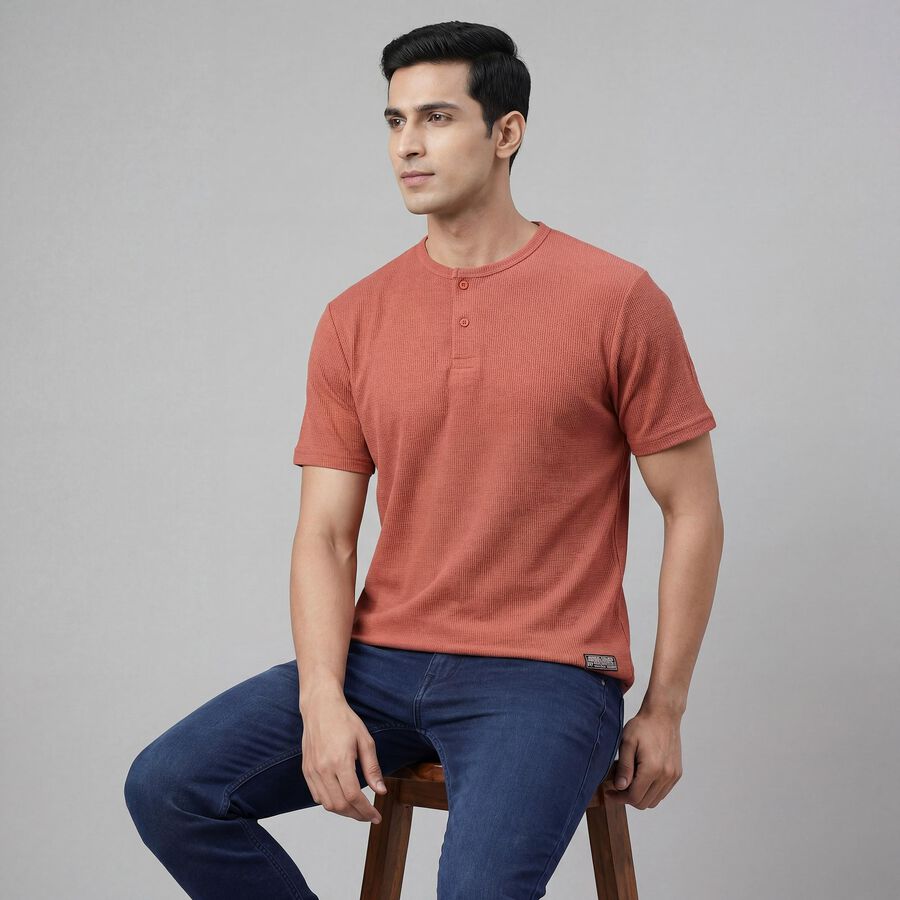 Men's Rust Henley Neck Casual T-Shirt, Rust, large