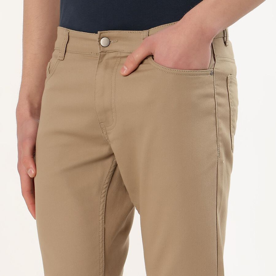 Men's Beige Slim Fit Flat-Front Casual Trousers, Khaki, large