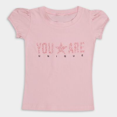 Girls' Light Pink Cotton Crew Neck Short Sleeve T-Shirt