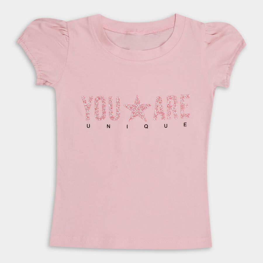 Girls' Light Pink Cotton Crew Neck Short Sleeve T-Shirt, Light Pink, large image number null