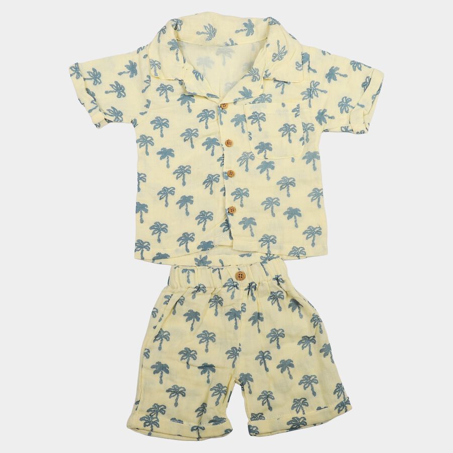 Infants' Cream 100% Cotton Camp Collar Printed Baba Suit, ऑफ व्हाइट, large