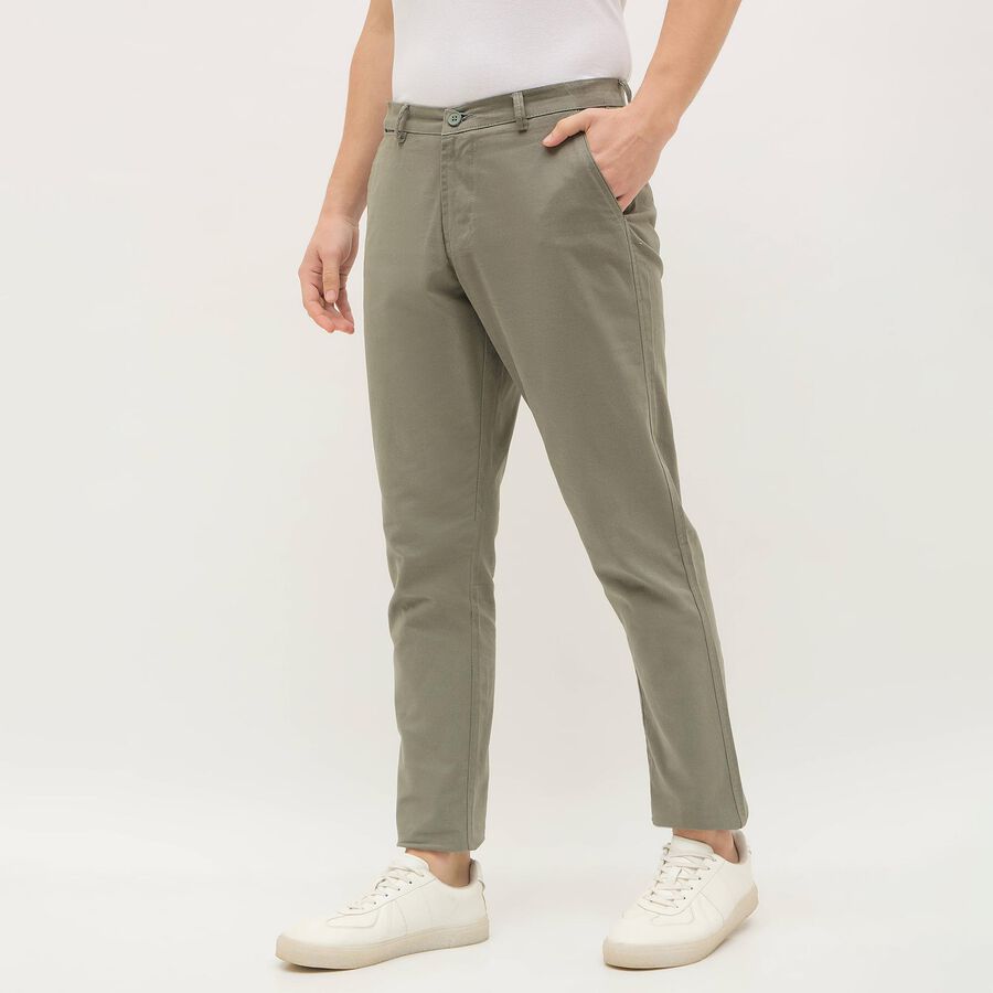 Men's Muted Olive Green Slim Fit Flat-Front Casual Trousers, गहरा हरा, large