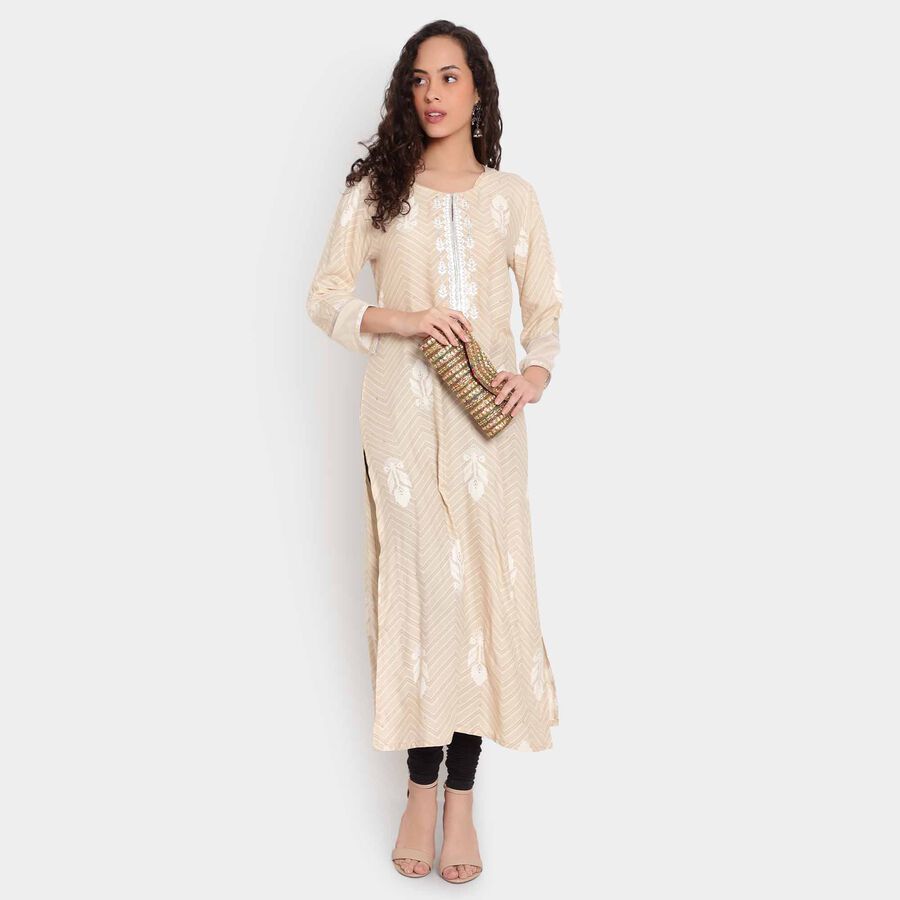 Solid Bell Sleeves Straight Kurta, Beige, large image number null