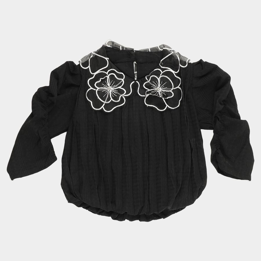 Girls' Black Round Neck Romantic T-Shirt, Black, large