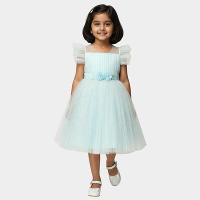 Girls' Navy Blue and Pink Fit and Flare Floral Printed Frock