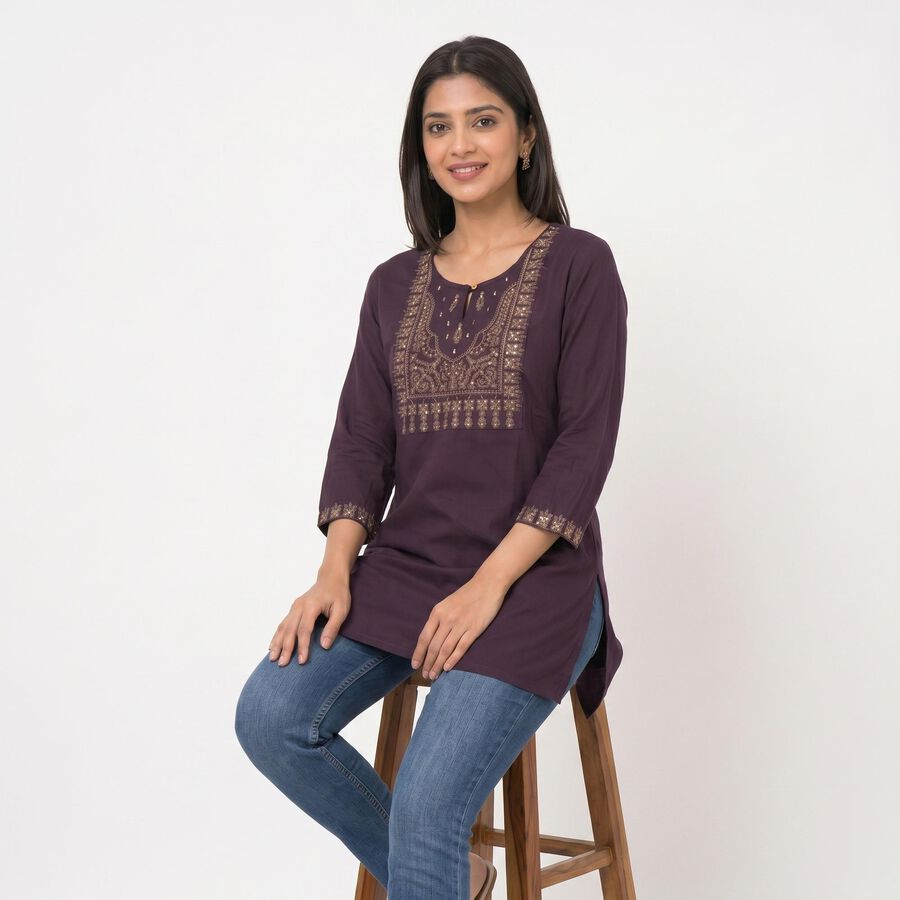 Women's Purple Round Neck Embroidered Kurti, Purple, large