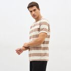Men's Beige Round Neck Striped T-Shirt, Beige, small image number null
