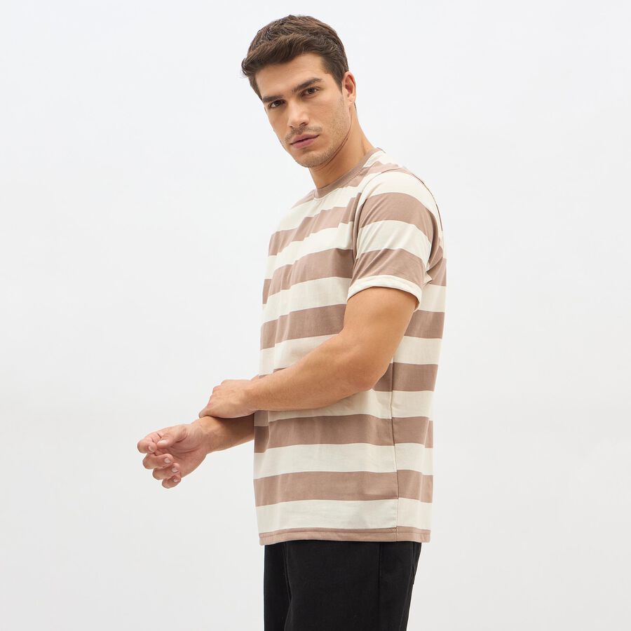Men's Beige Round Neck Striped T-Shirt, Beige, large image number null
