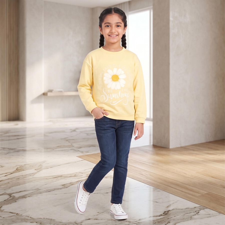 Girls Yellow Round Neck Pullover Sweatshirt, Yellow, large