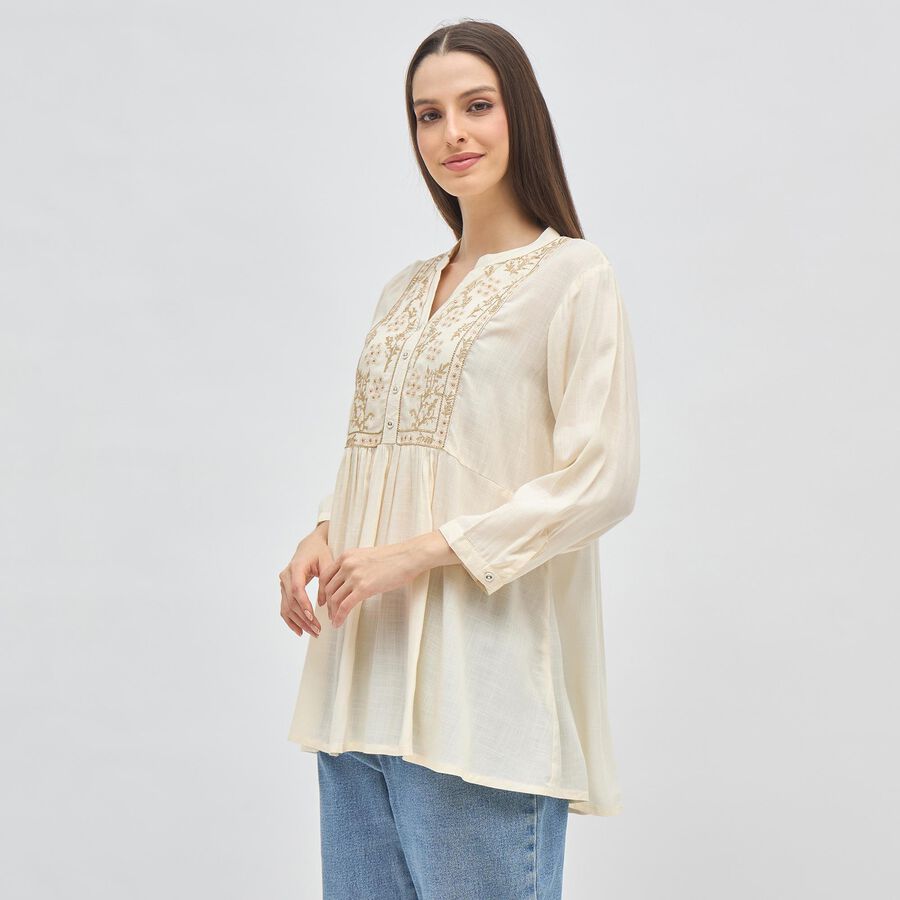 Women's Light Beige Embroidered Mandarin Collar Kurti, Beige, large image number null