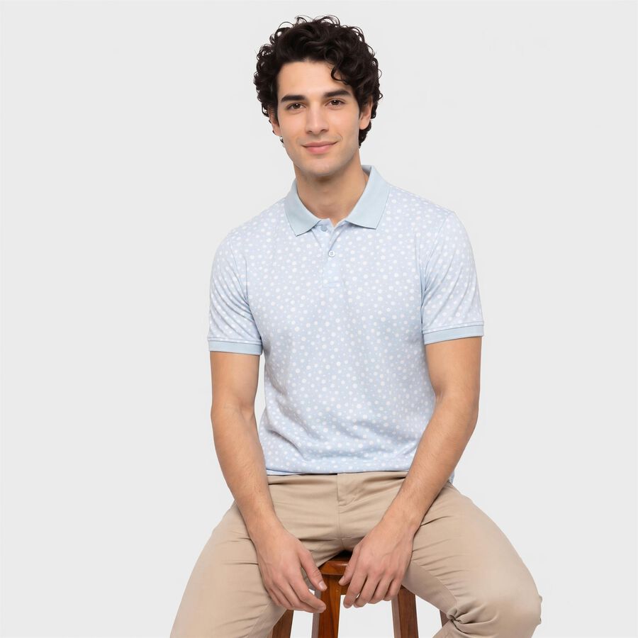 Men's Light Blue Cotton Polo Neck Printed T-Shirt, Light Blue, large
