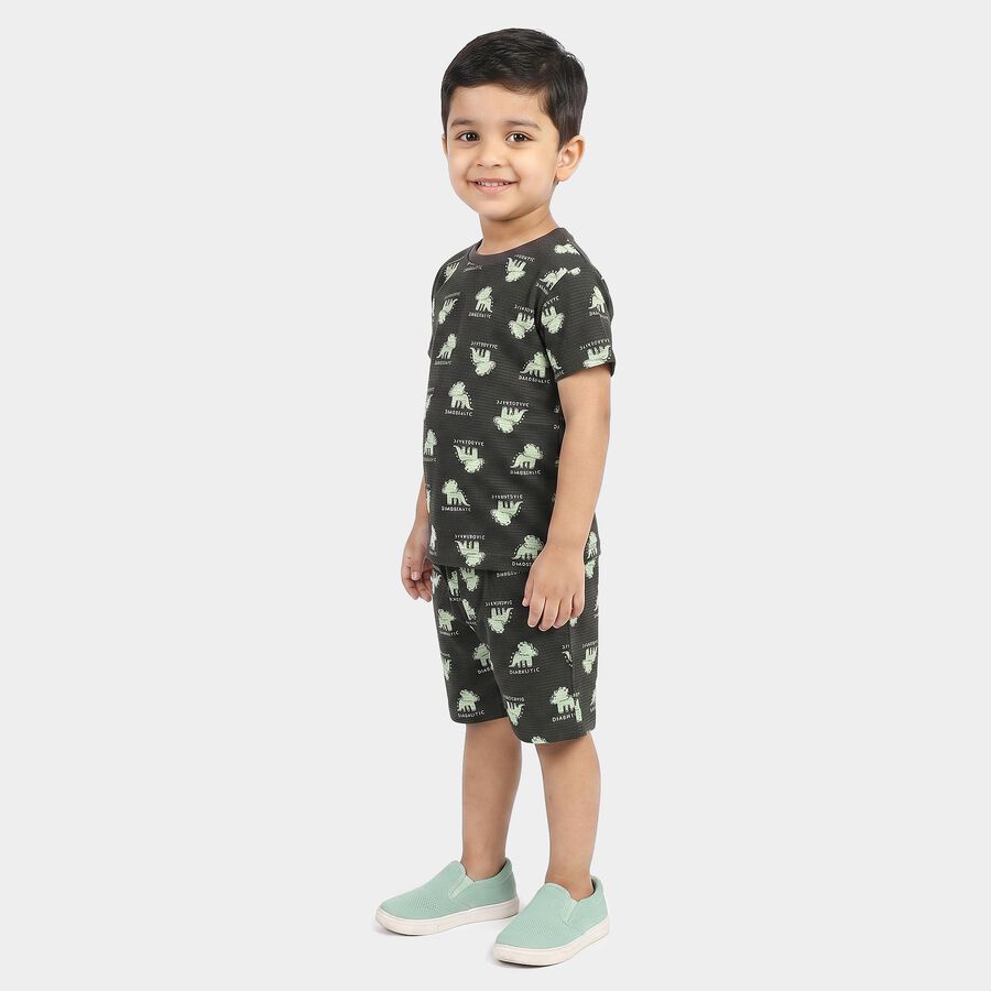 Boys' Charcoal 100% Cotton Round Neck Dinosaur Printed Baba Suit, Charcoal, large