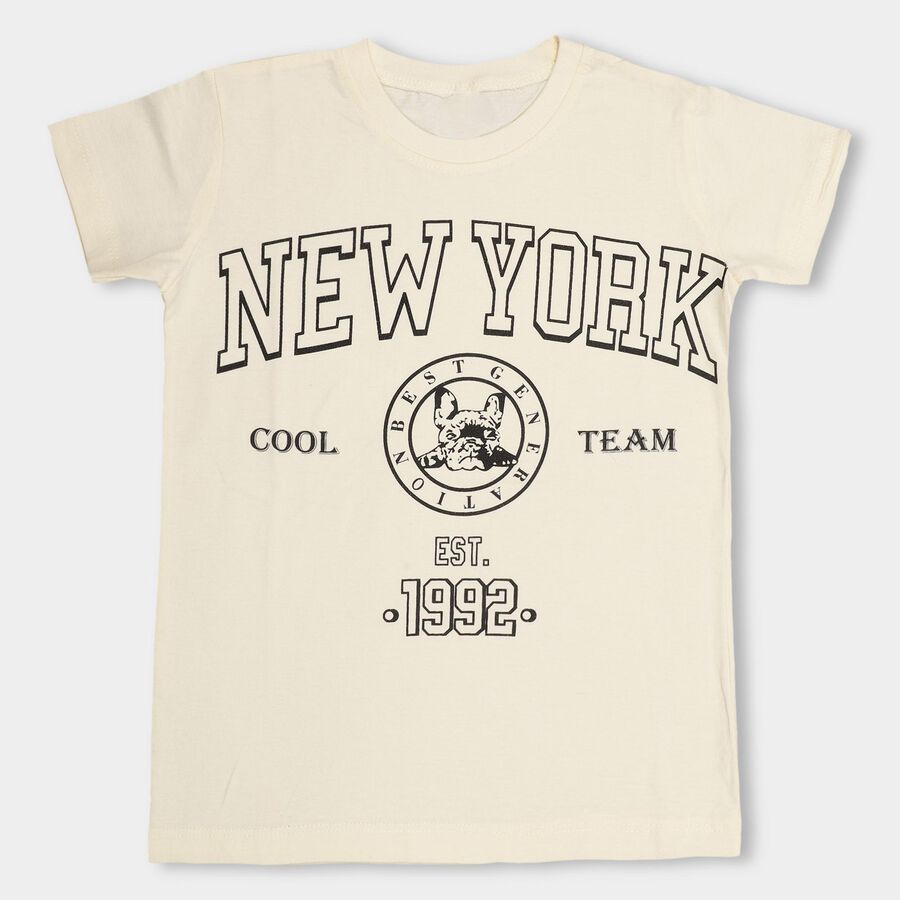 Boys' Ivory Cotton Round Neck Graphic Print T-Shirt, ऑफ व्हाइट, large image number null