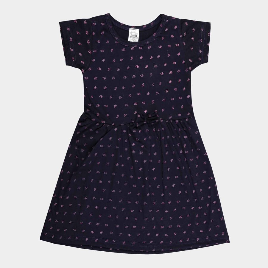 Girls Cotton Printed Frock, Navy Blue, large image number null