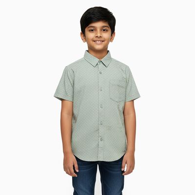 Boys Light Sage Green Cotton Half Sleeve Classic Casual Shirt