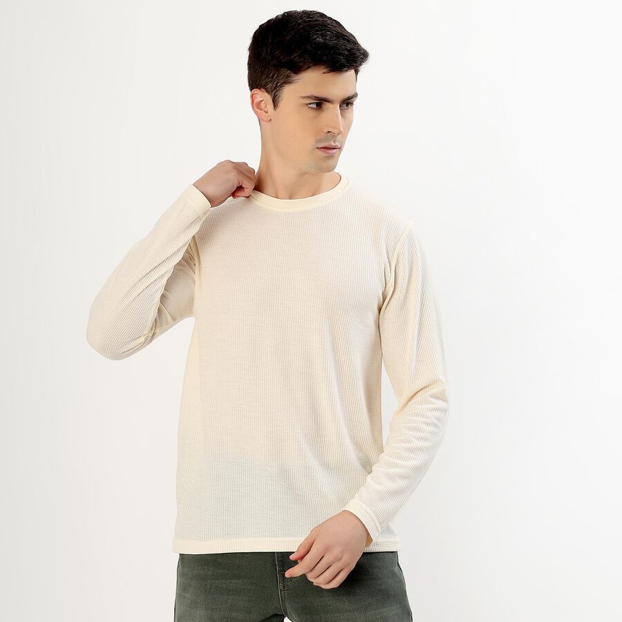 Men's Light Cream Round Neck Casual T-Shirt, एक्रू मिश्रित, large image number null