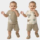 Infants' Beige 100% Cotton Round Neck Printed Baba Suit, Beige, small