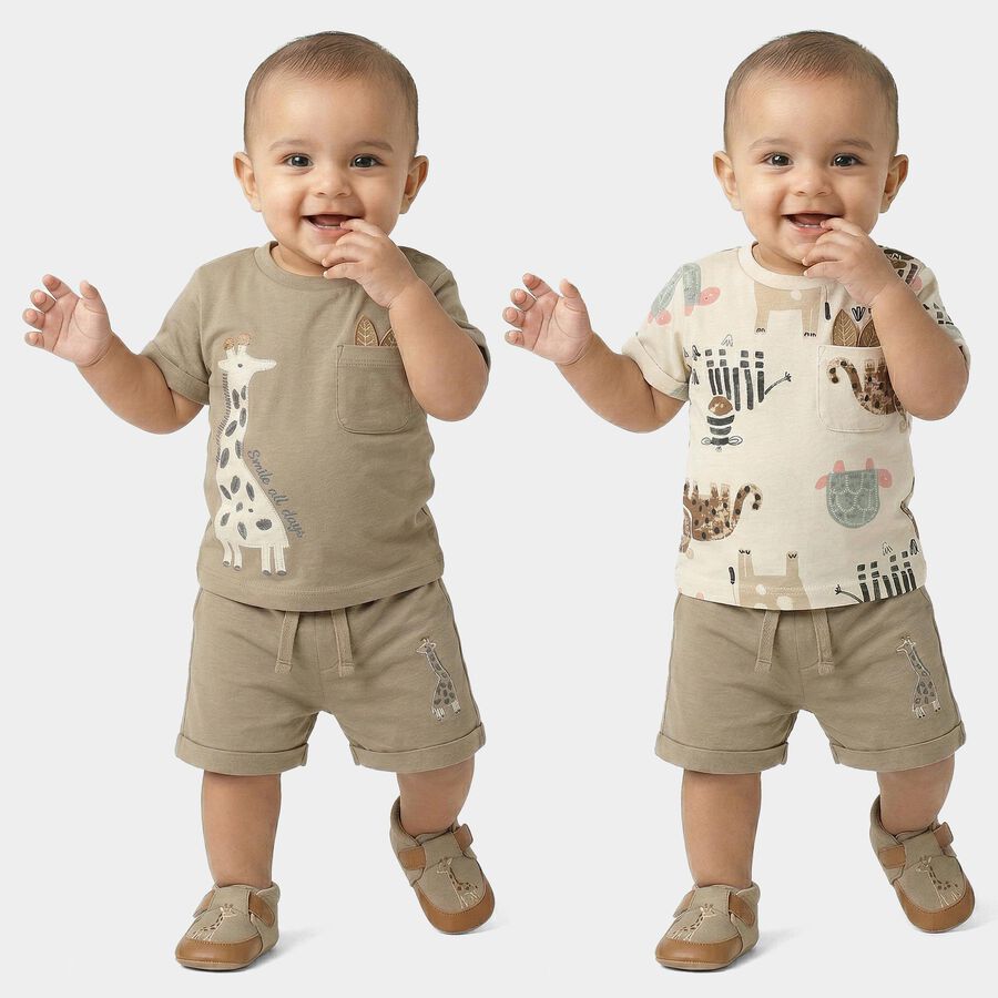 Infants' Beige 100% Cotton Round Neck Printed Baba Suit, Beige, large
