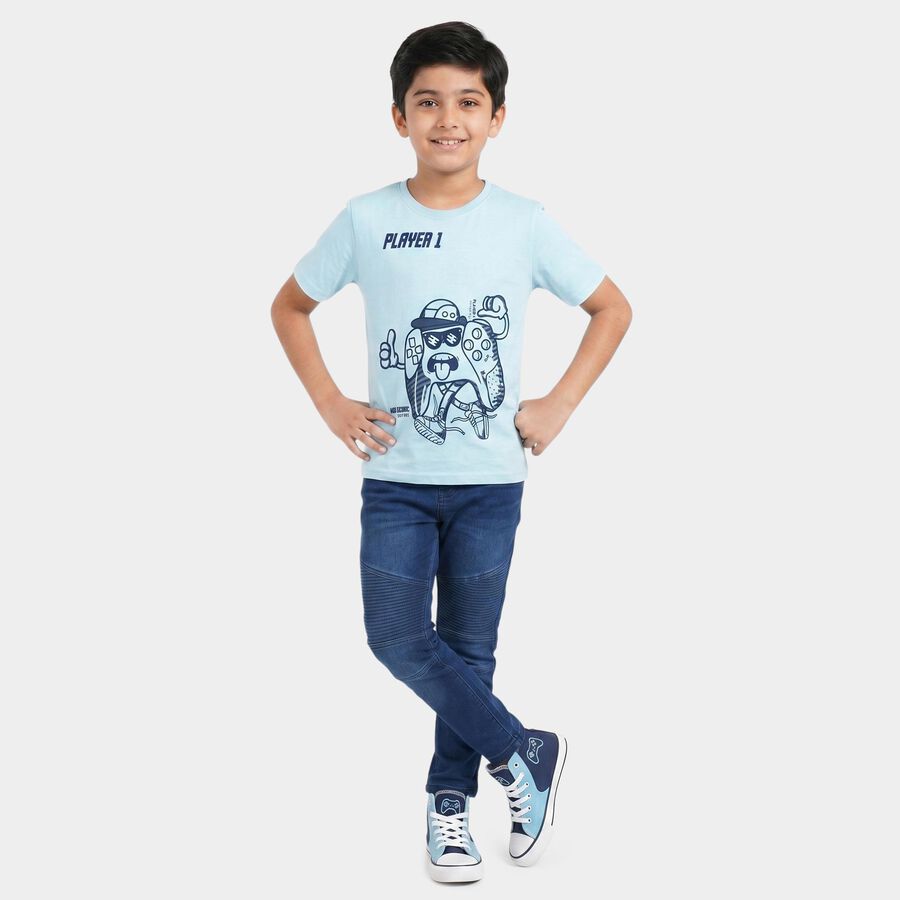 Boys Light Blue Cotton Blend Round Neck Regular Boys T-Shirt, हल्का नीला, large