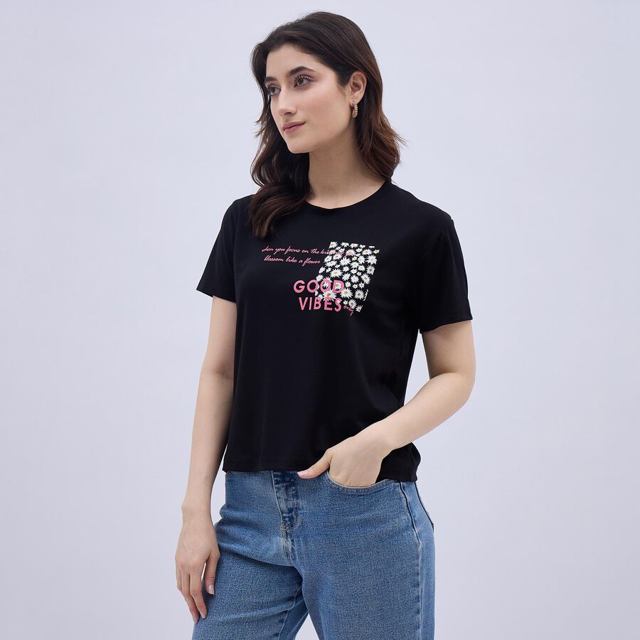 Women's Jet Black Round Neck Casual T-Shirt, Black, large image number null