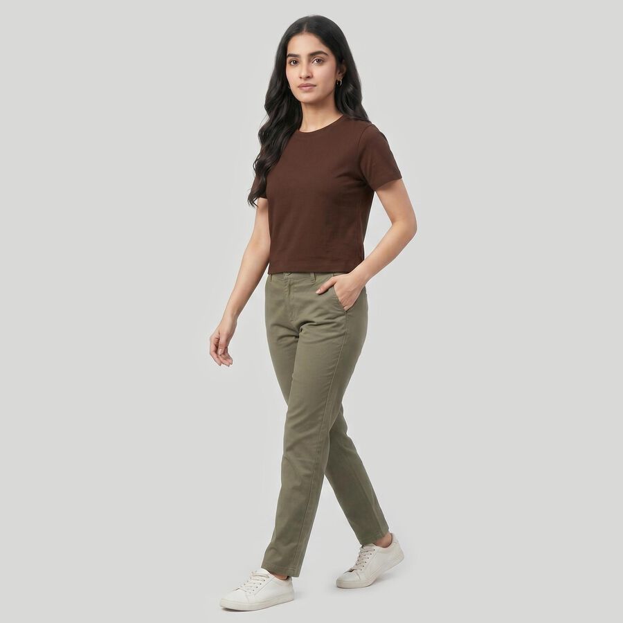 Women's Brown Cotton Blend Round Neck Regular Top, भूरा, large