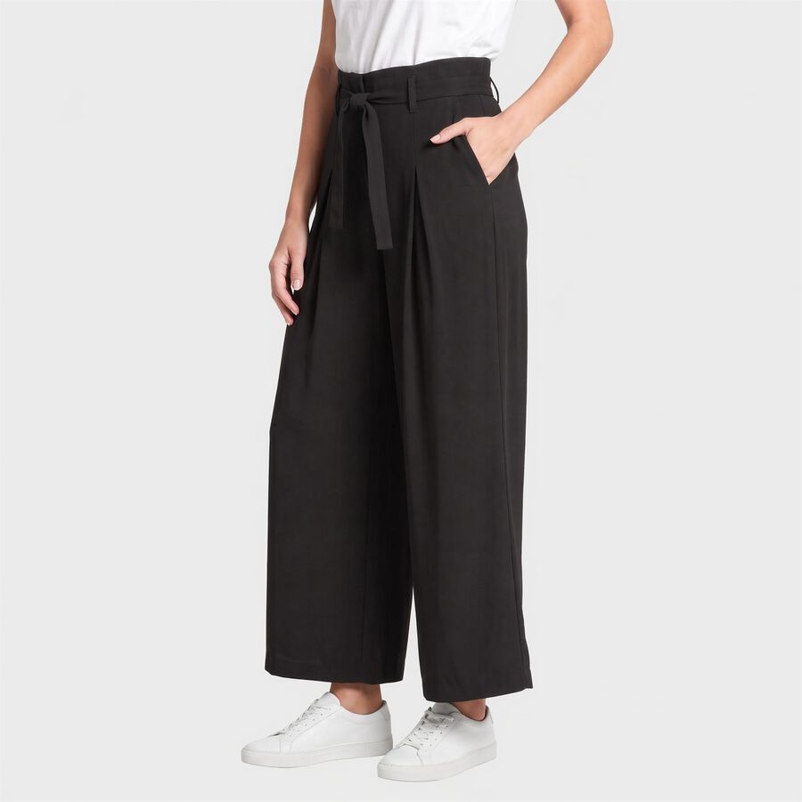 Women's Black Wide Leg Pleated Trousers, काला, large