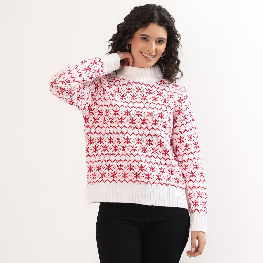 Women's Bright Cherry Red High Neck Casual Pullover, Red, large image number null