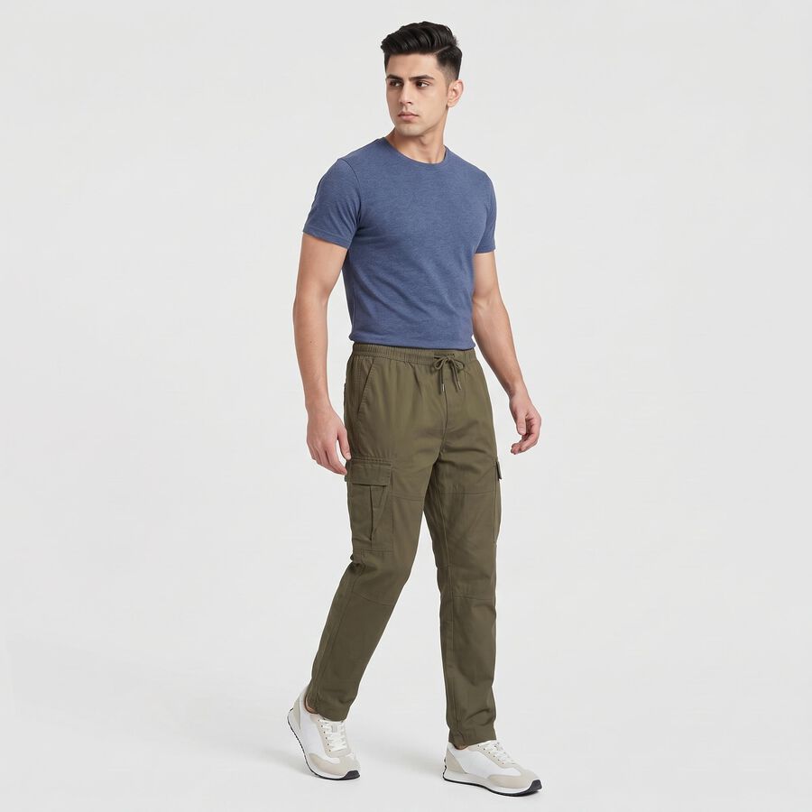 Men's Olive Green Slim Fit Cargo Trousers, Olive, large