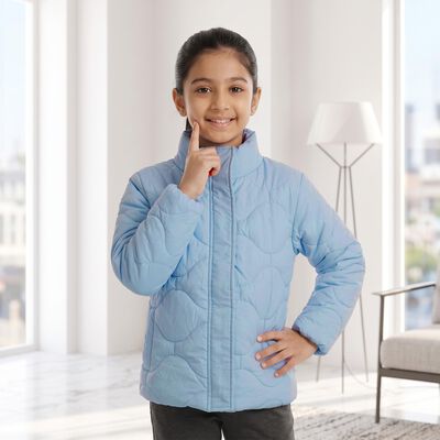 Girls' Light Blue Stand Collar Puffer Jacket