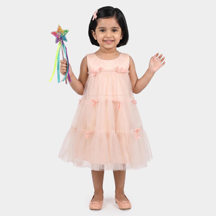 Girls' Pink Sleeveless Tiered Bow Detail Frock, Light Pink, large