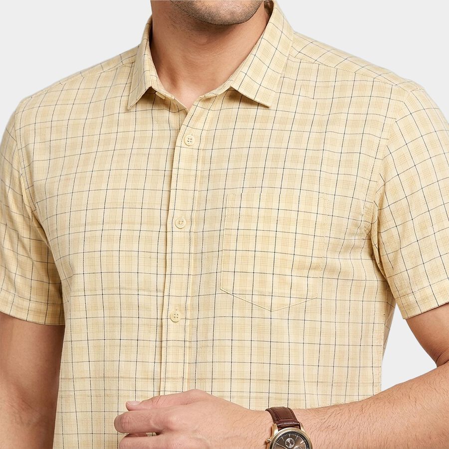 Men's Beige Cotton Half Sleeve Spread Collar Regular Fit Casual Shirt, Beige, large