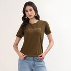 Women's Olive Cotton Round Neck Casual T-Shirt, Olive, small