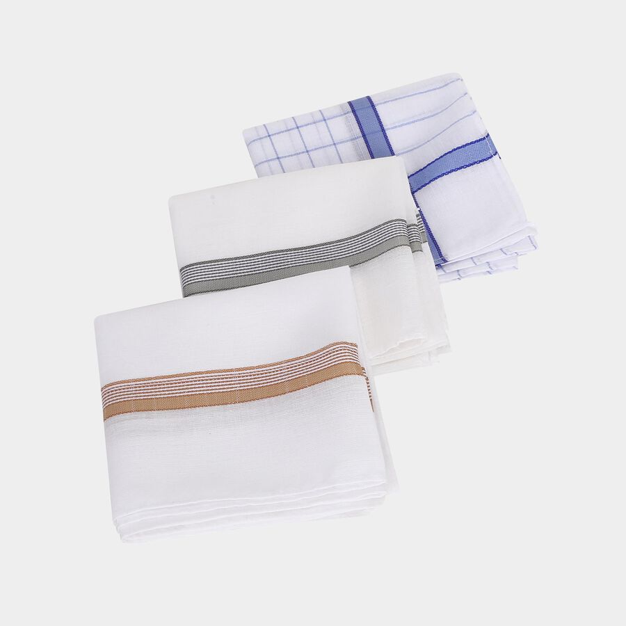 Men's White Assorted Patterned Pack of 3 Handkerchief, Light Blue, large