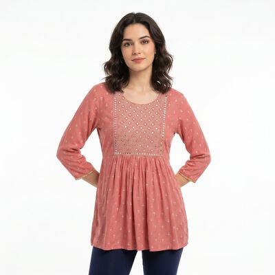 Women's Purple Round Neck Printed Kurti