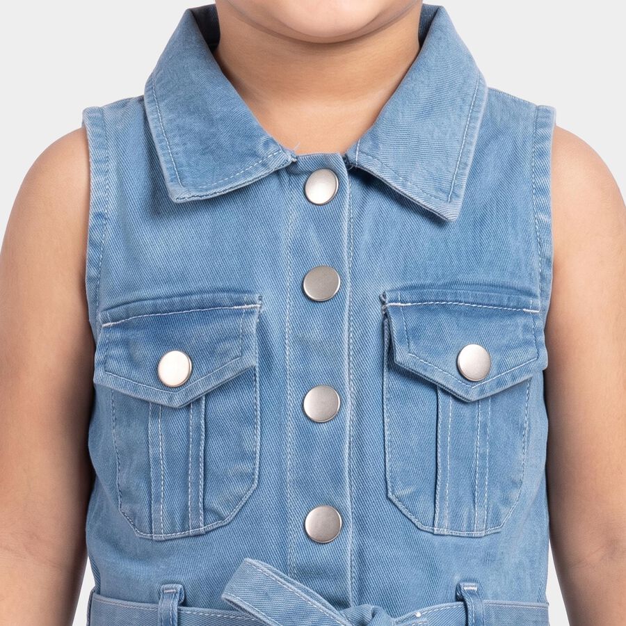 Girls' Light Blue Fit and Flare Belted Shirt Collar Frock, Light Blue, large