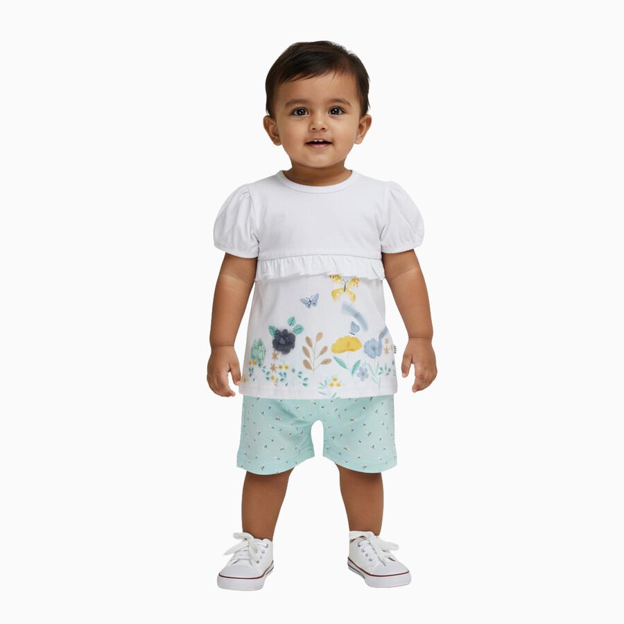 Infant Girl White Cotton Floral Top and Mint Green Shorts Set, एक्वा, large image number null