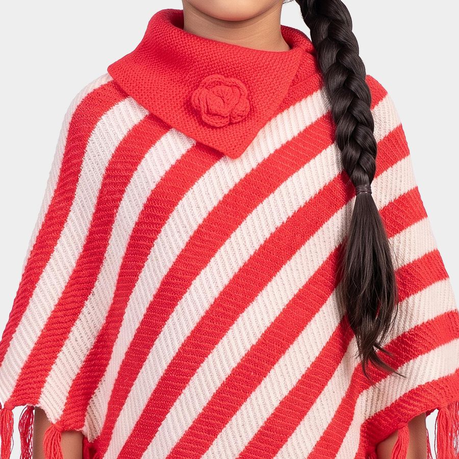 Girls' Light Pink Crew Neck Striped Poncho Pullover, हल्का गुलाबी, large
