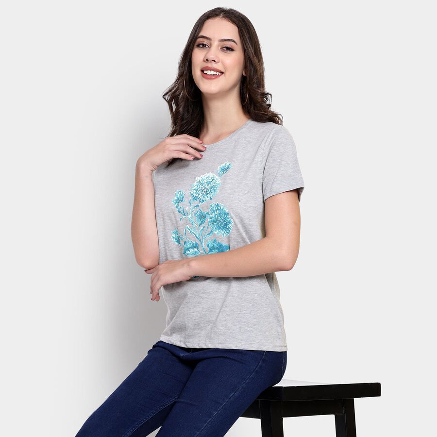 Ladies' 100% Cotton Round Neck T-Shirt , मिश्रित हल्का ग्रे, large image number null
