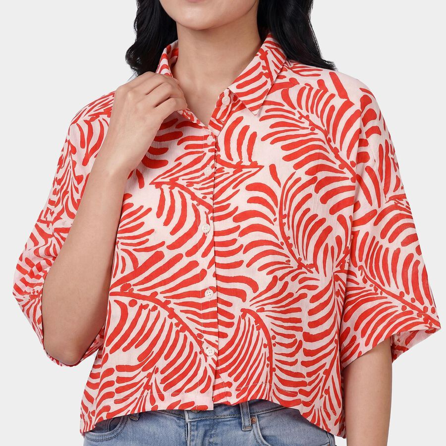 Women's Red Classic Collar Floral Printed Casual Shirt, Red, large