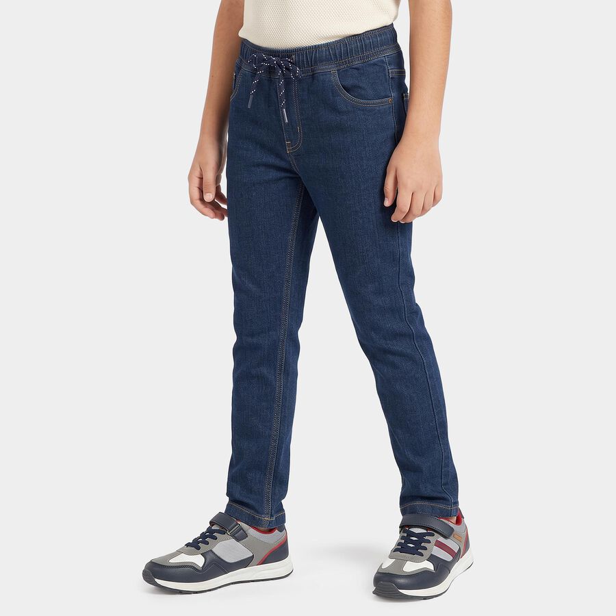 Boys' Navy Blue Straight Fit Drawstring Waist Jeans, Dark Blue, large