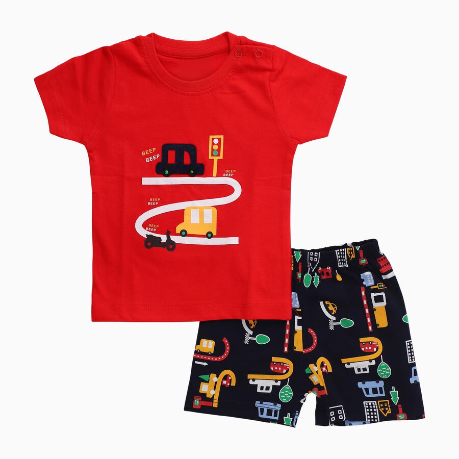 Infants' Red Cotton Round Neck Printed Baba Suit, Red, large